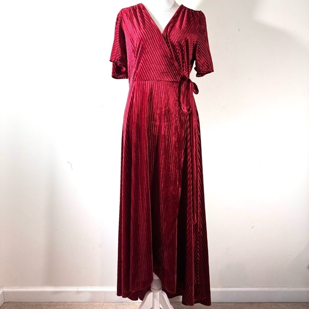 Simplee True Wrap Dress Red Velvet Ribbed Short Sleeves NWT